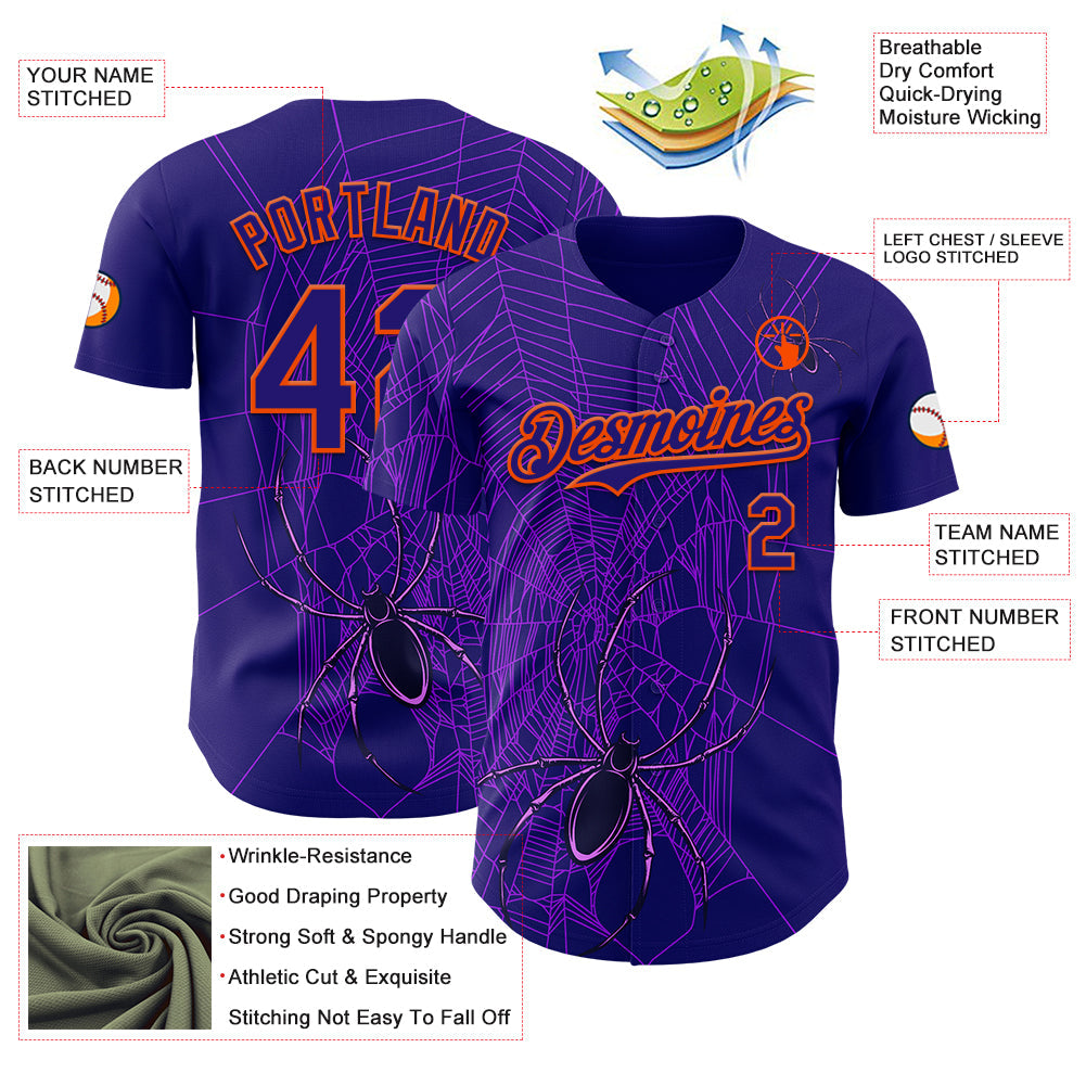 Custom Dark Purple Orange 3D Halloween Spider Net Party Costume Ideas Authentic Baseball Jersey