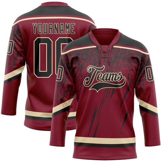 Custom Crimson Black-Cream 3D Splash Hockey Lace Neck Jersey