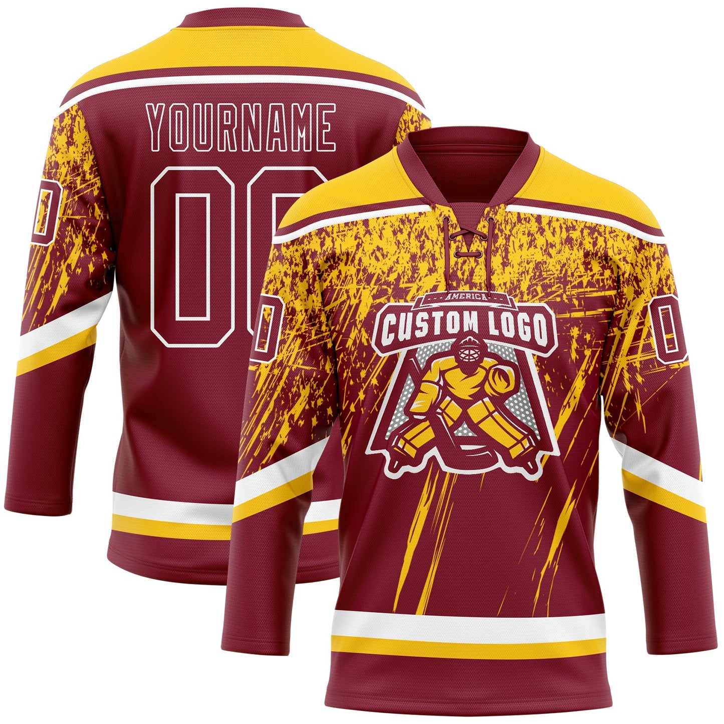 Custom Crimson Yellow-White 3D Splash Hockey Lace Neck Jersey