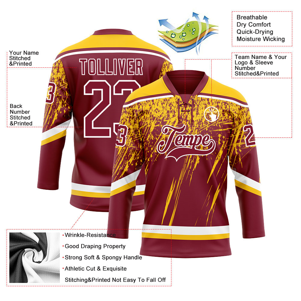 Custom Crimson Yellow-White 3D Splash Hockey Lace Neck Jersey