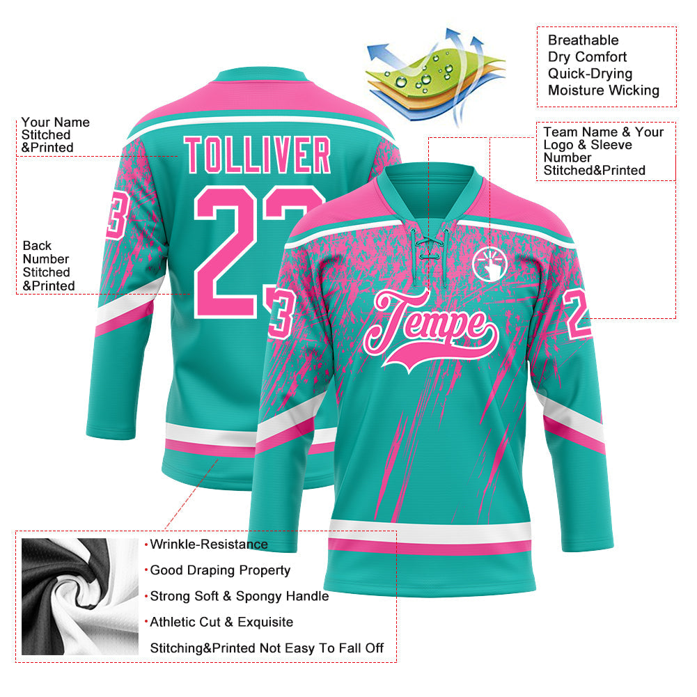 Custom Aqua Pink-White 3D Splash Hockey Lace Neck Jersey