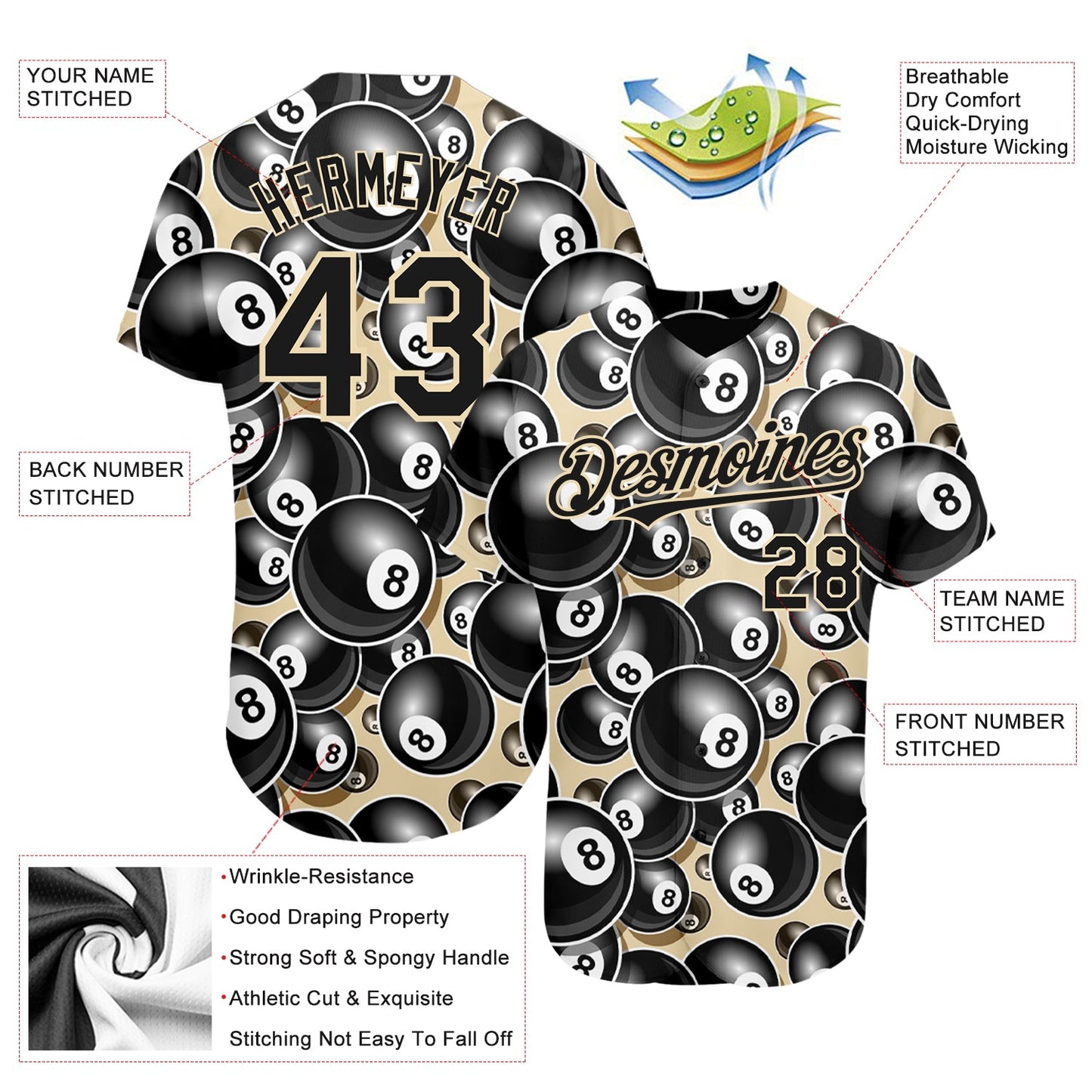 Custom City Cream Black 3D Pattern Design Billiards Snooker 8 Ball Authentic Baseball Jersey