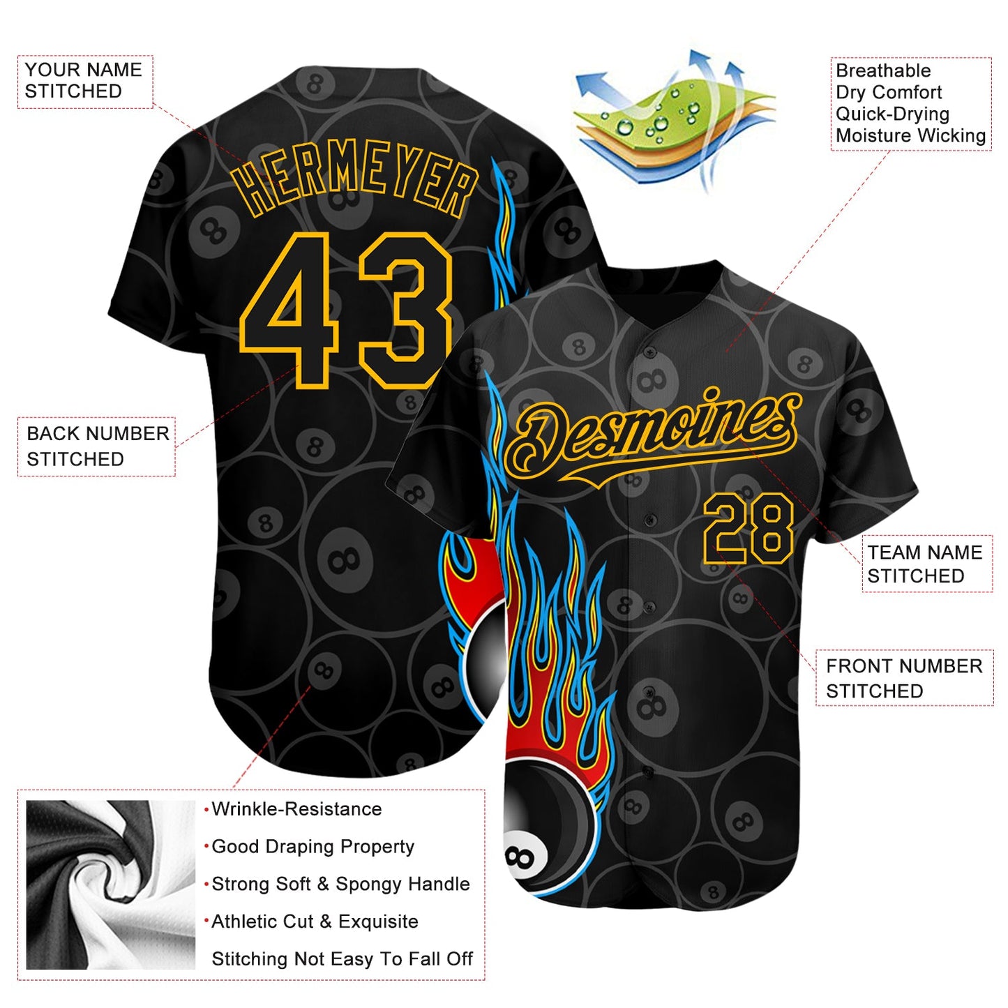 Custom Black Gold 3D Pattern Design Flaming Billiards Snooker 8 Ball Authentic Baseball Jersey