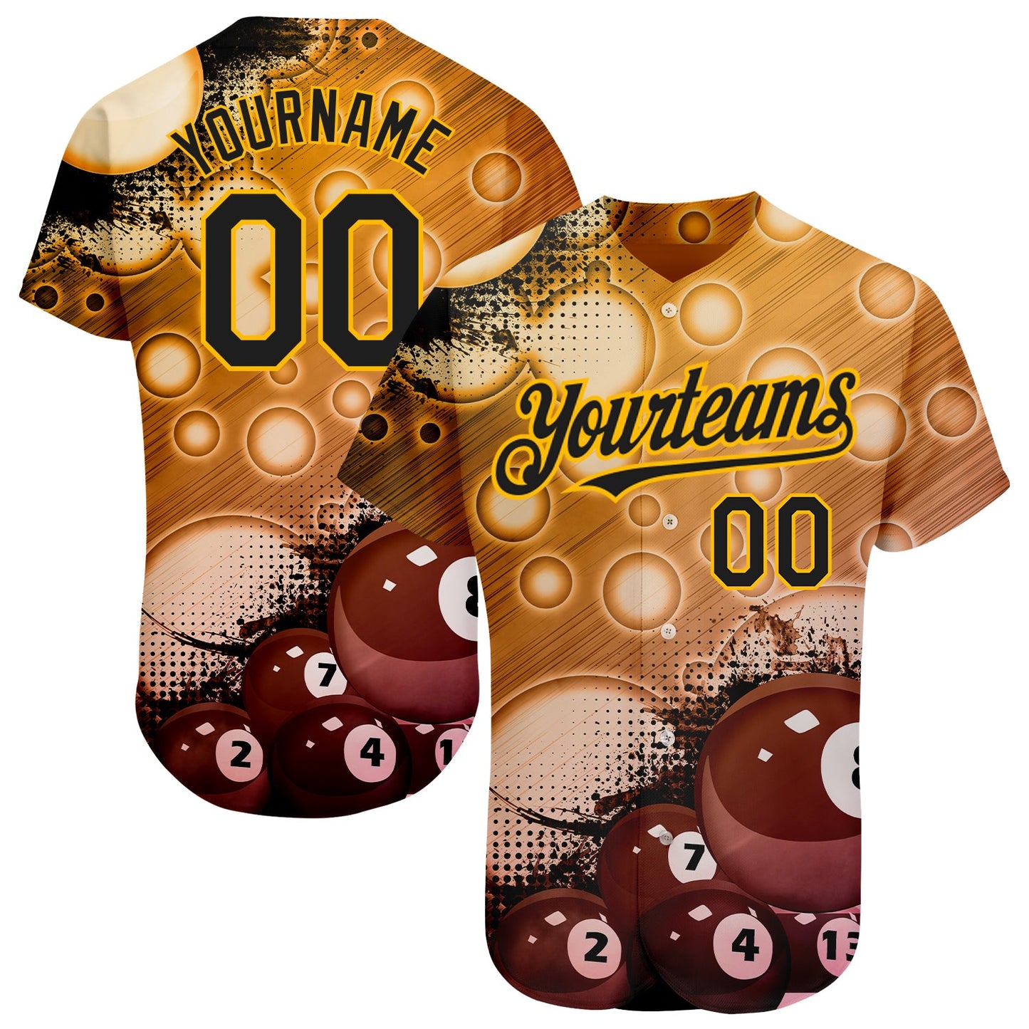 Custom Gold Black 3D Pattern Design Billiards Authentic Baseball Jersey