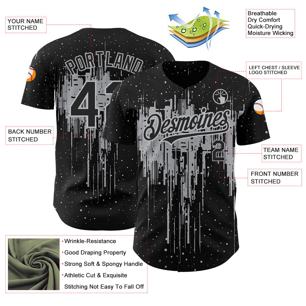 Custom Black Gray 3D Pattern Design Dripping Splatter Art Authentic Baseball Jersey