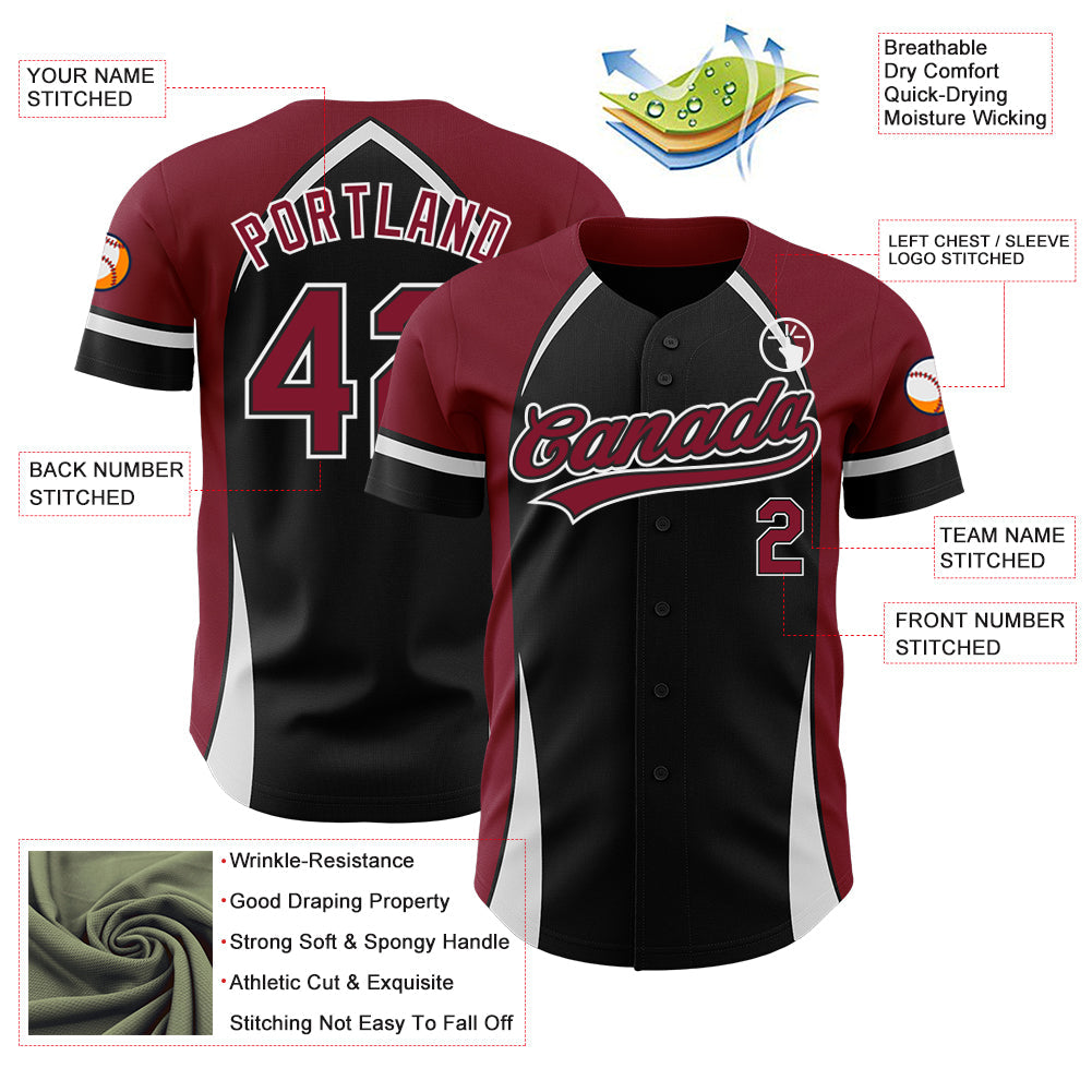 Custom Black Crimson-White 3D Pattern Design Curve Solid Authentic Baseball Jersey