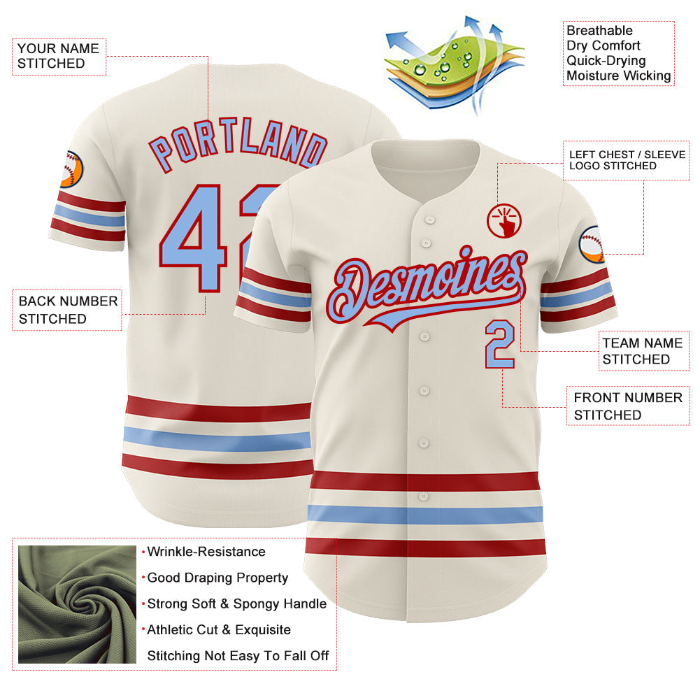 Custom Cream Light Blue-Red Line Authentic Baseball Jersey