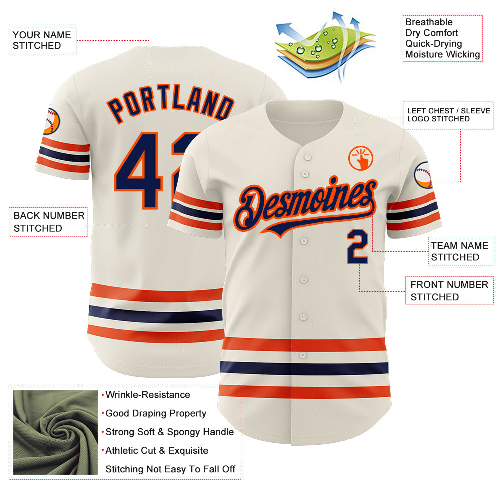Custom Cream Navy-Orange Line Authentic Baseball Jersey