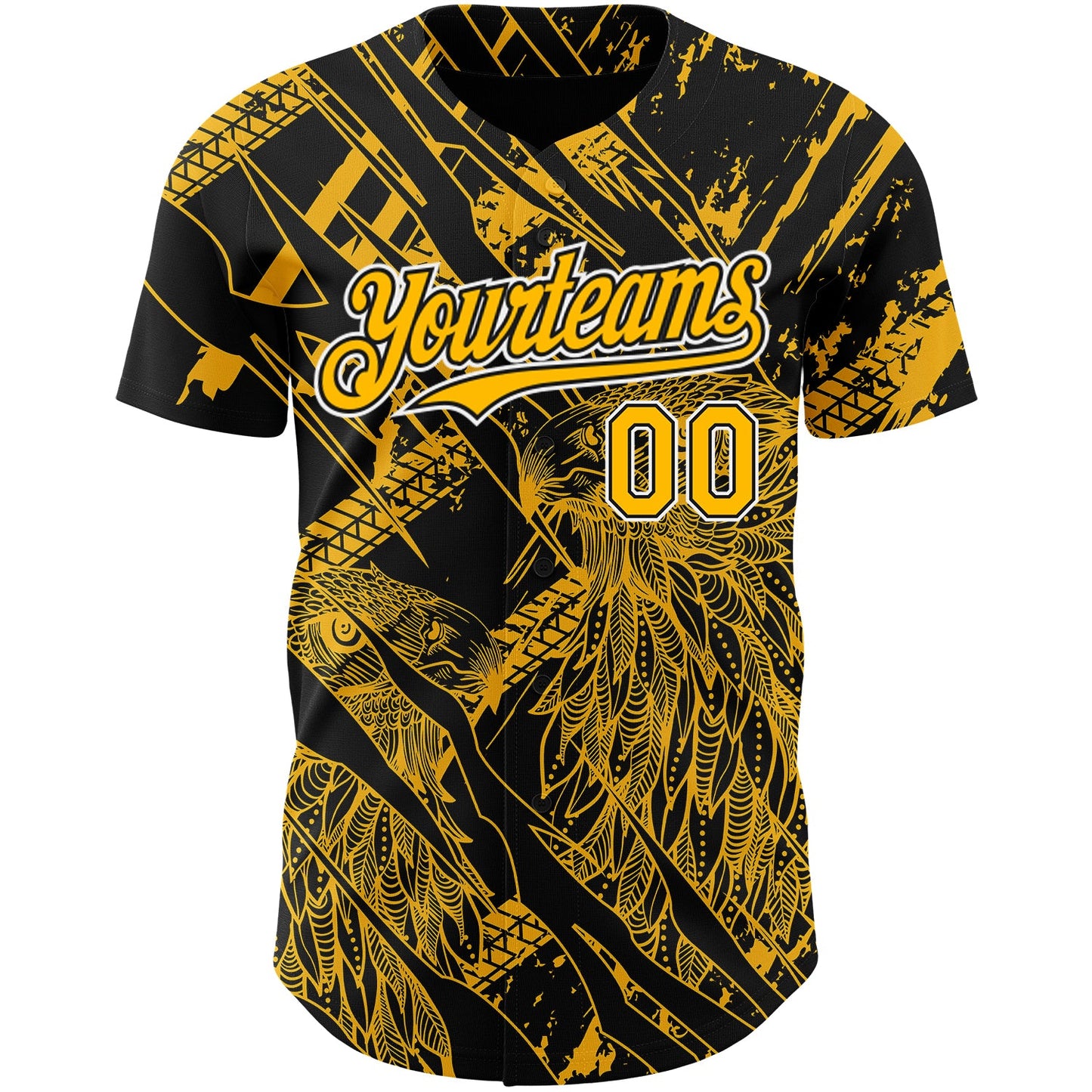 Custom Black Gold-White 3D Pattern Design Animal Eagle Authentic Baseball Jersey