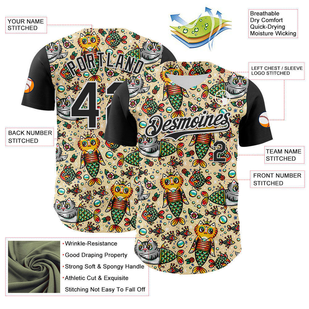Custom Cream Black-White 3D Emi Bee Purrmaids Authentic Baseball Jersey