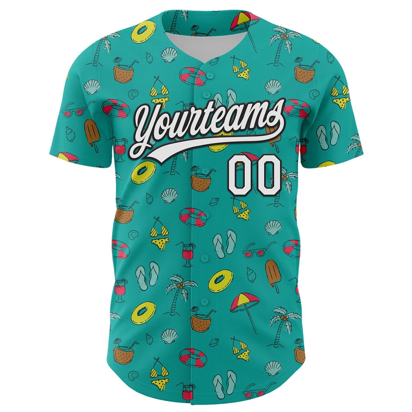 Custom Aqua White-Black 3D Hawaii Tropical Palm Tree And Beach Authentic Baseball Jersey