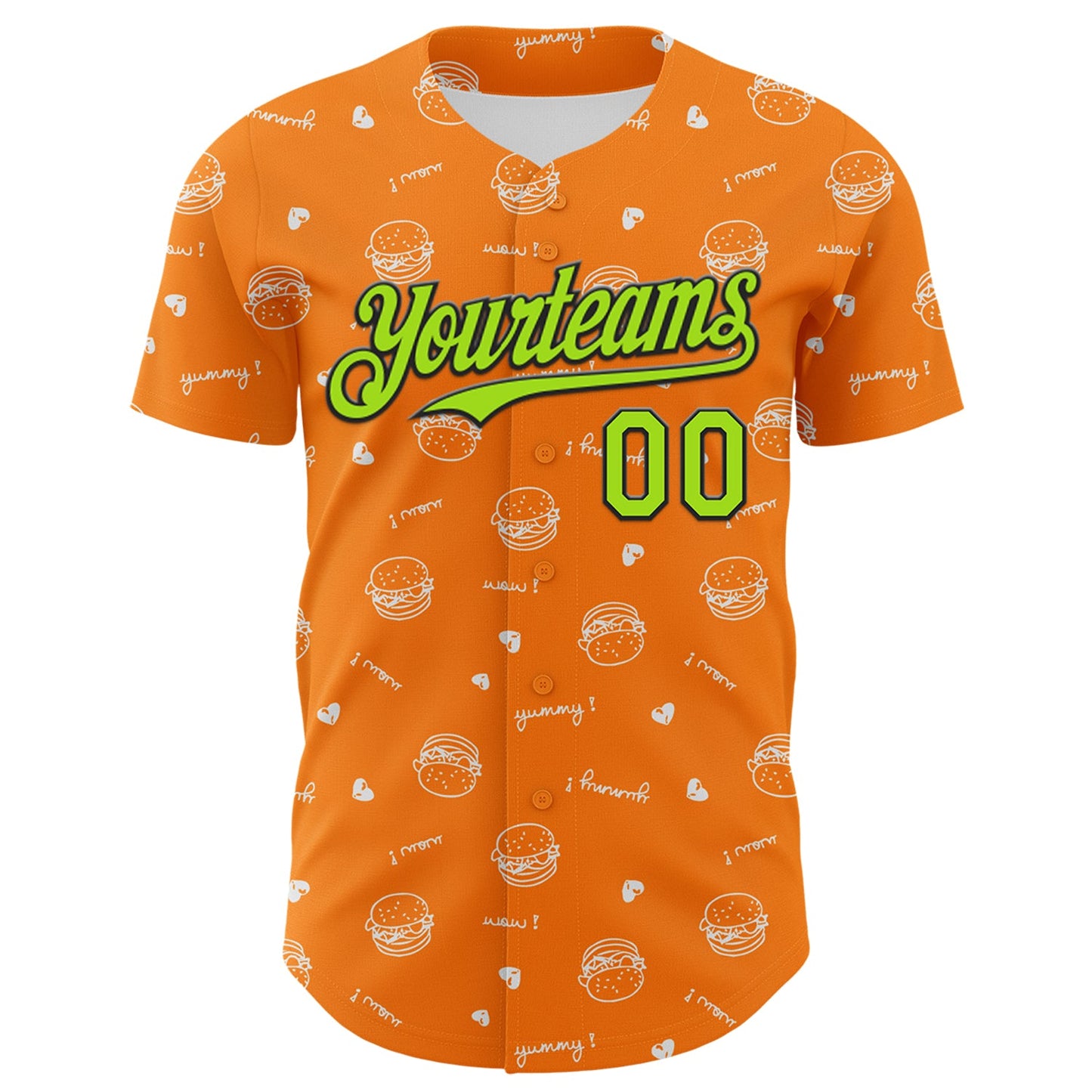 Custom Bay Orange Neon Green-Black 3D Pattern Design Foodie Fast Food Burger Authentic Baseball Jersey