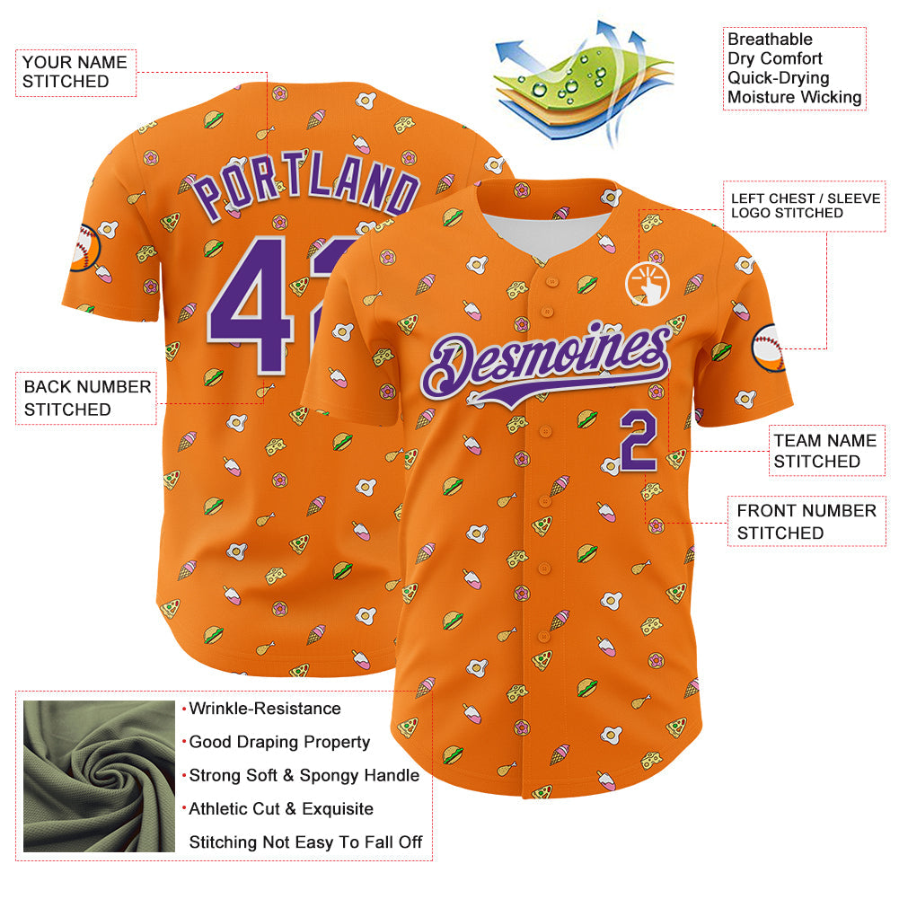 Custom Bay Orange Purple-White 3D Pattern Design Foodie Fast Food Cheese Pizza Dessert Ice Cream Authentic Baseball Jersey