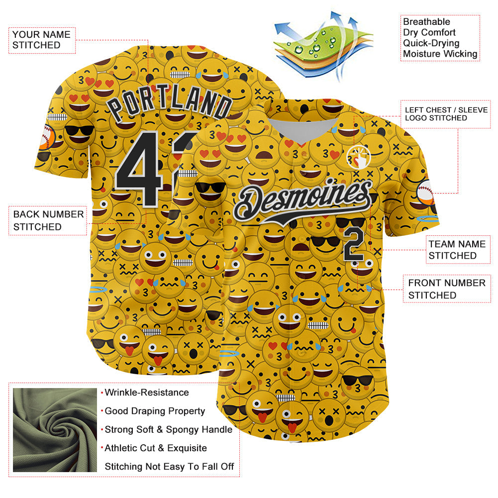Custom Gold Black-White 3D Pattern Design Funny Cartoon Emoji Face Authentic Baseball Jersey