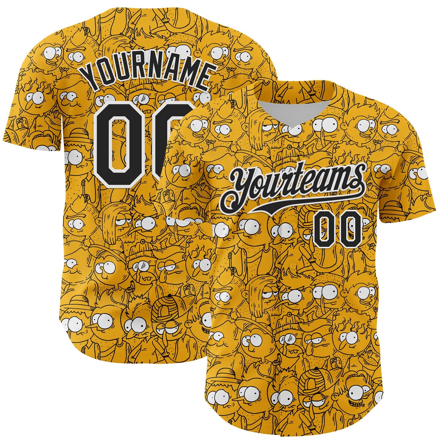 Custom Gold Black-White 3D Pattern Design Funny Cartoon People Authentic Baseball Jersey