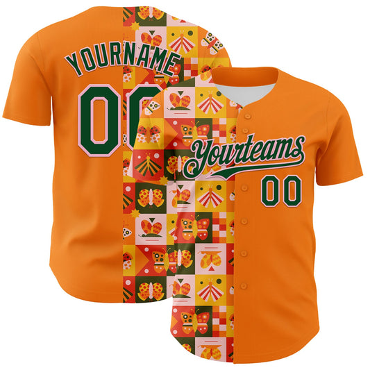 Custom Bay Orange Green-Light Pink 3D Ambartive Checkered Butterfly Pattern Authentic Baseball Jersey