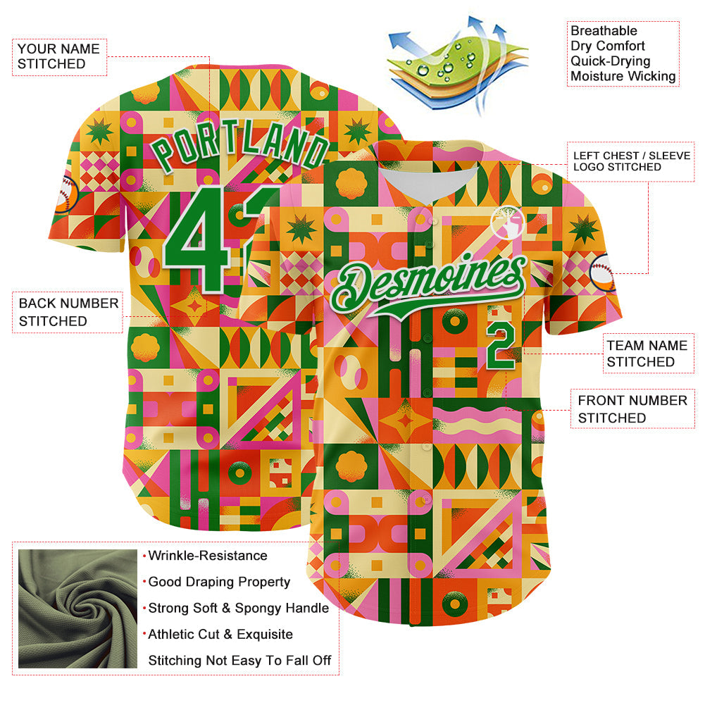 Custom Bay Orange Grass Green-White 3D Ambartive Abstract Geometric Pattern Authentic Baseball Jersey