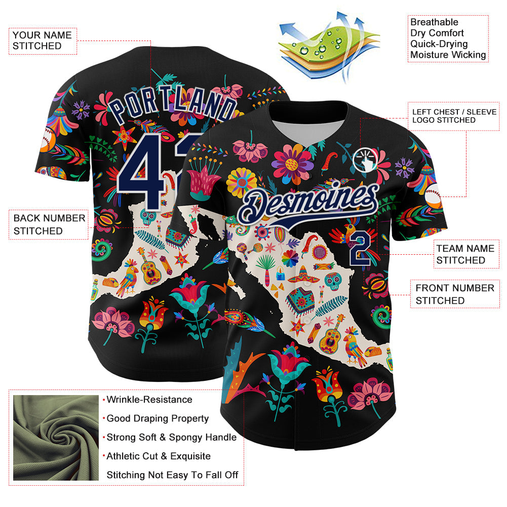 Custom Black Navy-White 3D Mexico Map With Tropical Plant And Animal Authentic Baseball Jersey