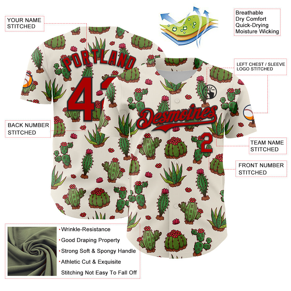 Custom Cream Red-Black 3D Mexican Cactus Authentic Baseball Jersey