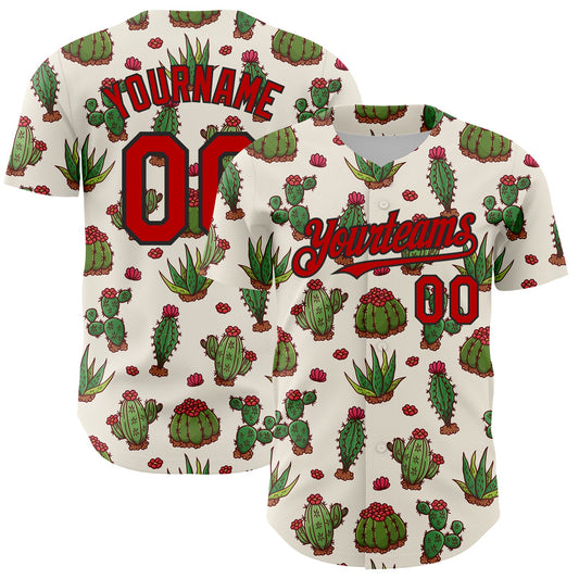 Custom Cream Red-Black 3D Mexican Cactus Authentic Baseball Jersey