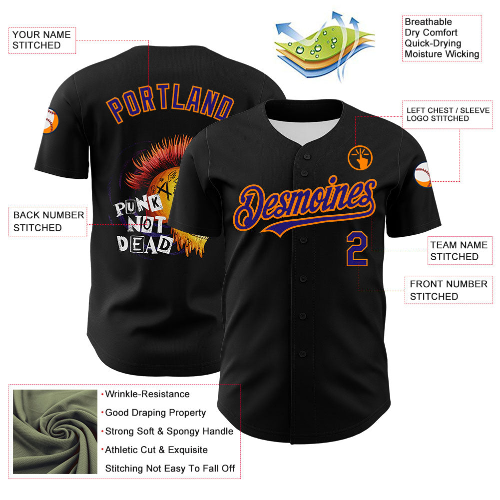 Custom Black Dark Purple-Bay Orange 3D Punk Rock Skull Authentic Baseball Jersey