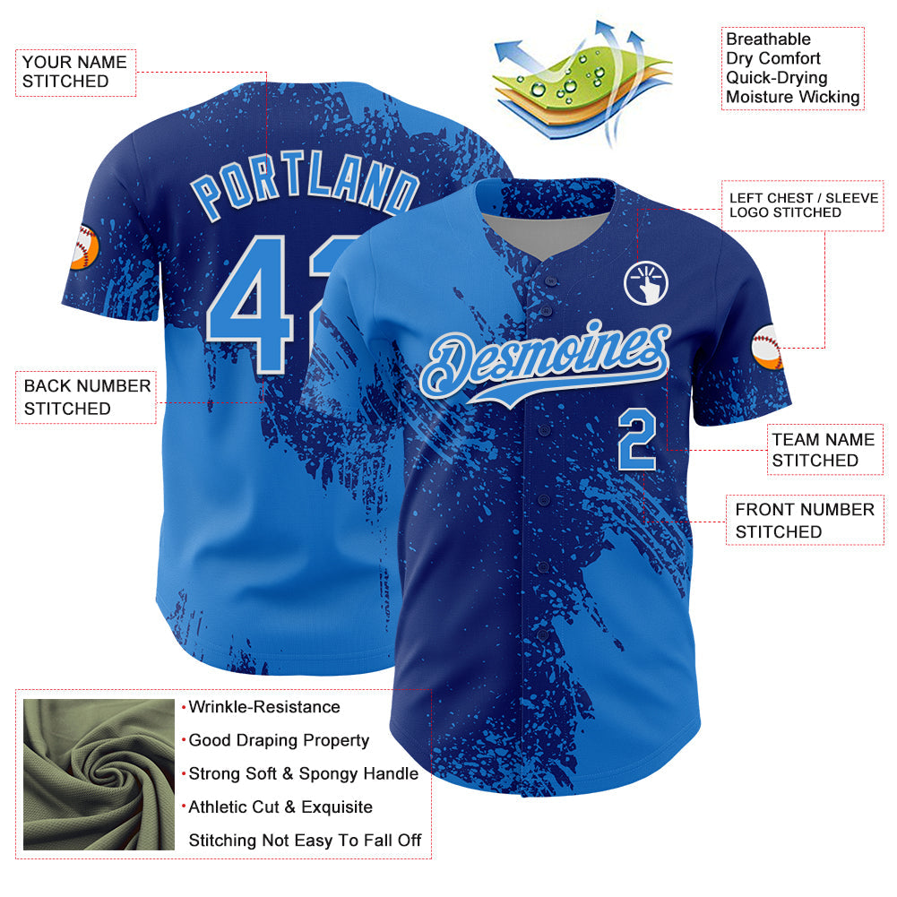 Custom Electric Blue Royal-White 3D Pattern Design Abstract Brush Stroke Authentic Baseball Jersey