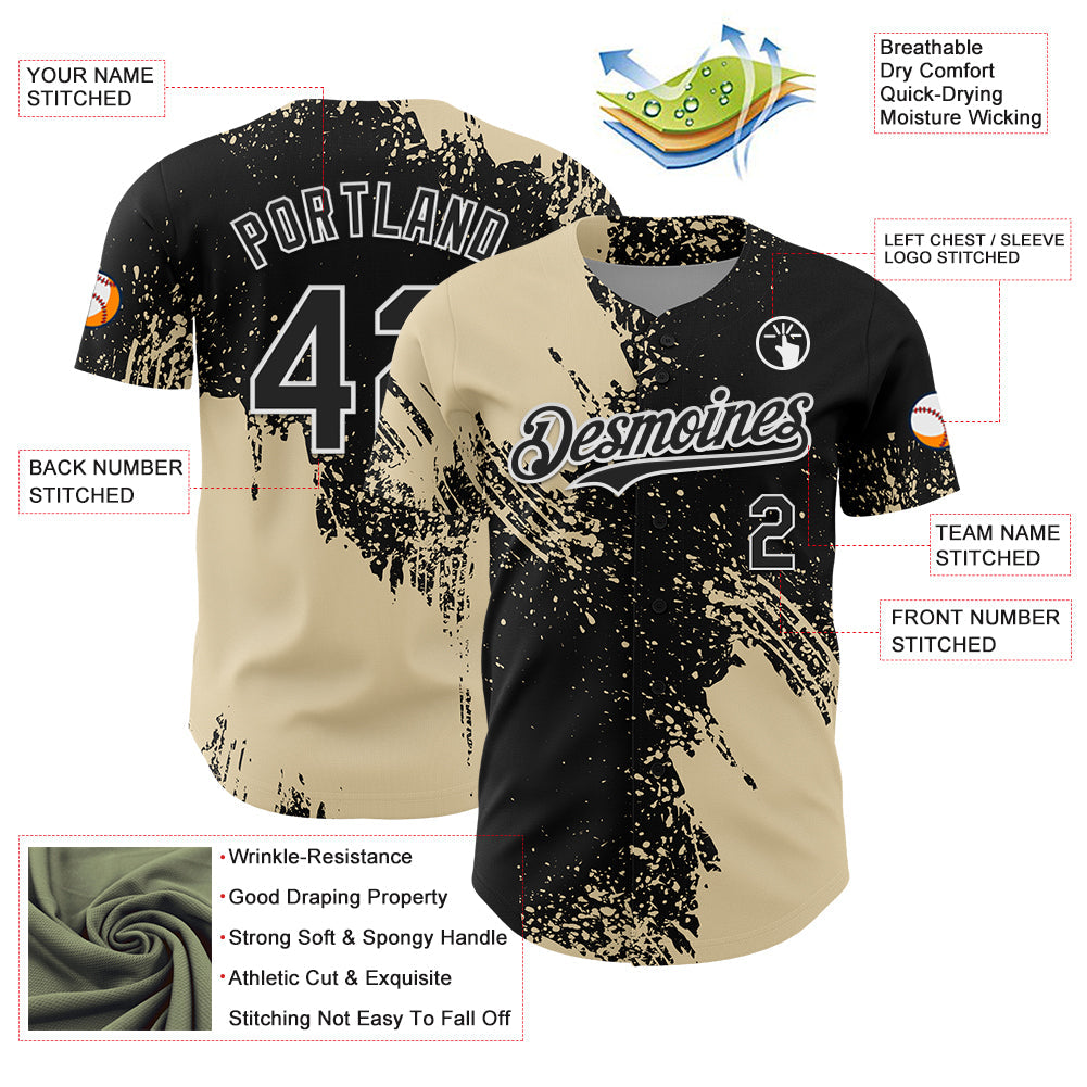 Custom Cream Black-White 3D Pattern Design Abstract Brush Stroke Authentic Baseball Jersey
