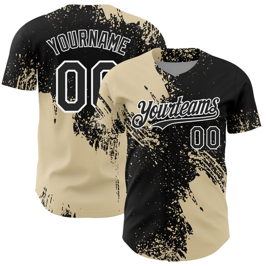 Custom Cream Black-White 3D Pattern Design Abstract Brush Stroke Authentic Baseball Jersey