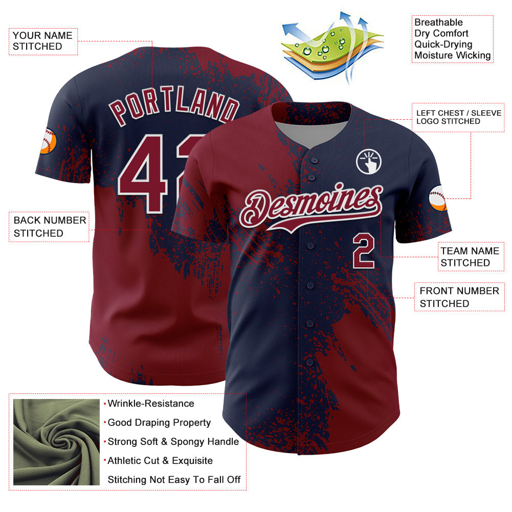Custom Crimson Navy-White 3D Pattern Design Abstract Brush Stroke Authentic Baseball Jersey