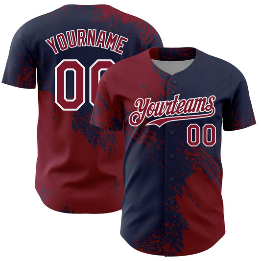 Custom Crimson Navy-White 3D Pattern Design Abstract Brush Stroke Authentic Baseball Jersey