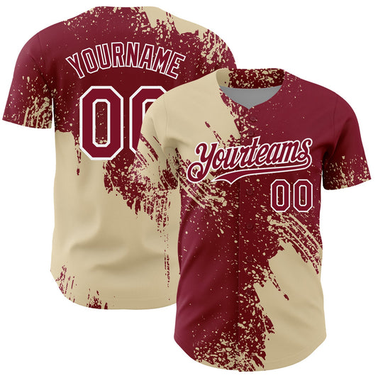 Custom Cream Crimson-White 3D Pattern Design Abstract Brush Stroke Authentic Baseball Jersey
