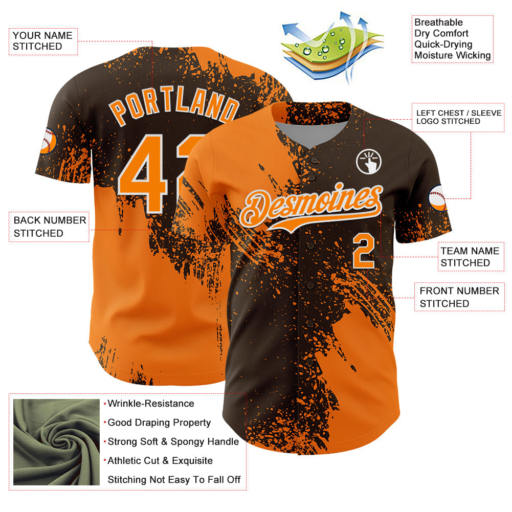 Custom Bay Orange Brown-White 3D Pattern Design Abstract Brush Stroke Authentic Baseball Jersey