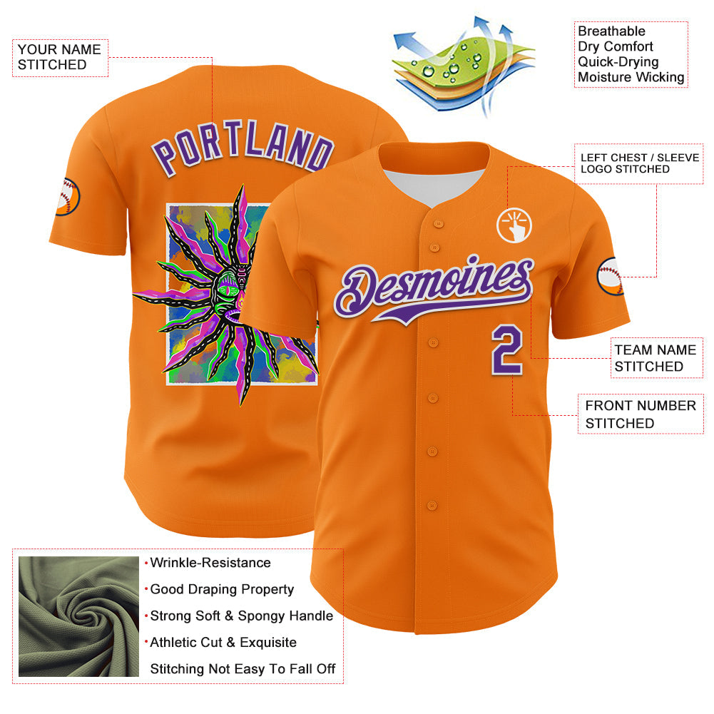 Custom Bay Orange Purple-White 3D Pattern Design Rave Psychedelic Neon Fluid Art Authentic Baseball Jersey