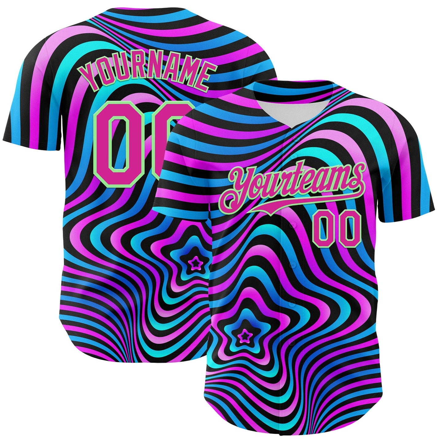 Custom Black Deep Pink-Pea Green 3D Pattern Design Rave Psychedelic Fluid Art Authentic Baseball Jersey