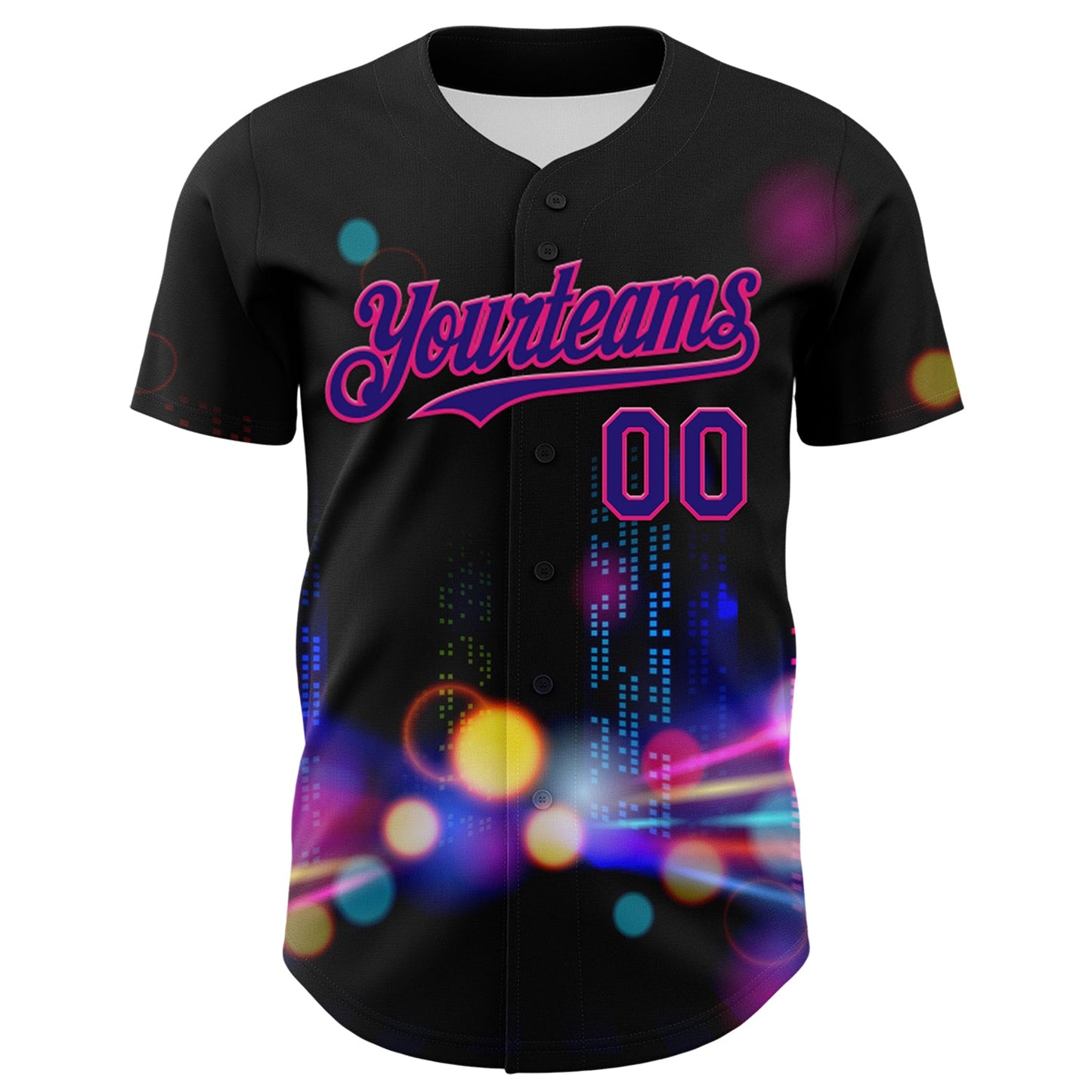 Custom Black Dark Purple-Hot Pink 3D Pattern Design Rave Psychedelic City Neon Authentic Baseball Jersey