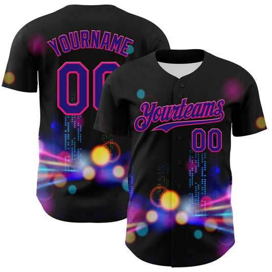 Custom Black Dark Purple-Hot Pink 3D Pattern Design Rave Psychedelic City Neon Authentic Baseball Jersey