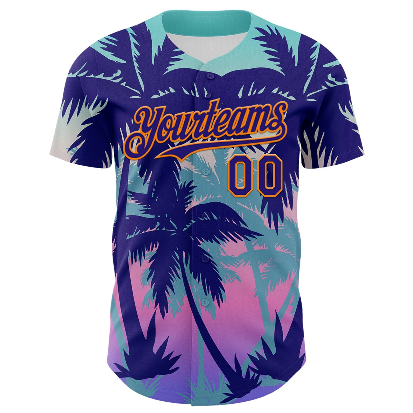 Custom Dark Purple Bay Orange 3D Pattern Design Rave Psychedelic Tropical Palm Tree Authentic Baseball Jersey