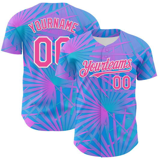 Custom Electric Blue Pink-White 3D Pattern Design Rave Psychedelic Tropical Palm Leaves Authentic Baseball Jersey