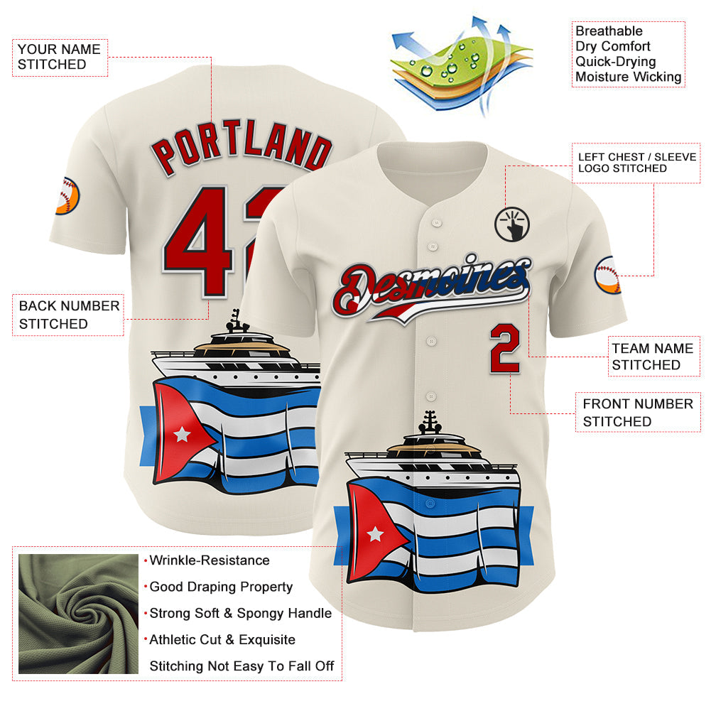 Custom Cream Red Black White-Cuban Flag 3D Cuba Authentic Baseball Jersey