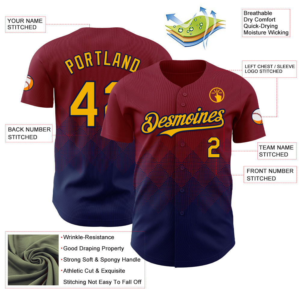 Custom Crimson Gold-Navy 3D Gradient Square Shape Authentic Baseball Jersey