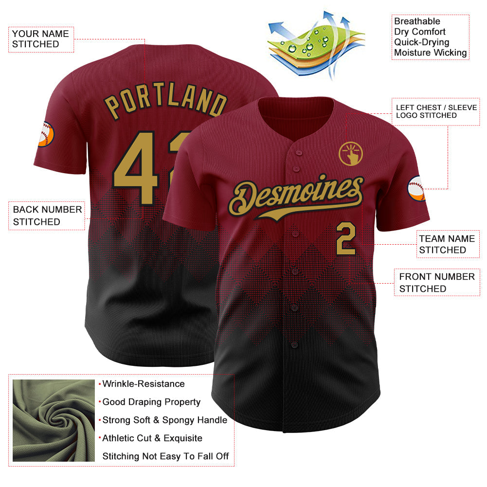 Custom Crimson Old Gold-Black 3D Gradient Square Shape Authentic Baseball Jersey