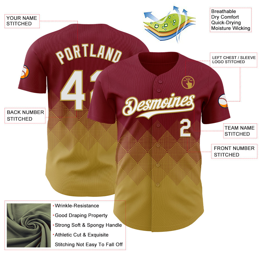 Custom Crimson White-Old Gold 3D Gradient Square Shape Authentic Baseball Jersey