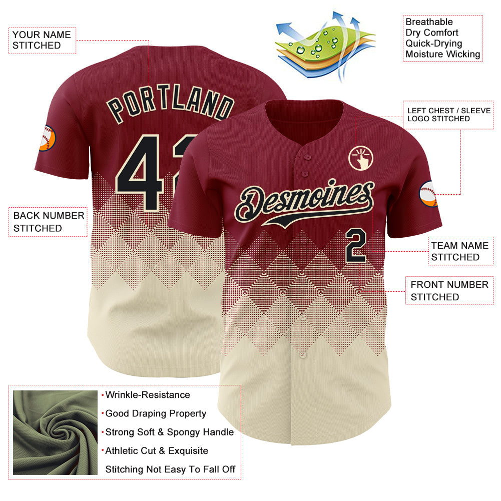 Custom Crimson Black-Cream 3D Gradient Square Shape Authentic Baseball Jersey