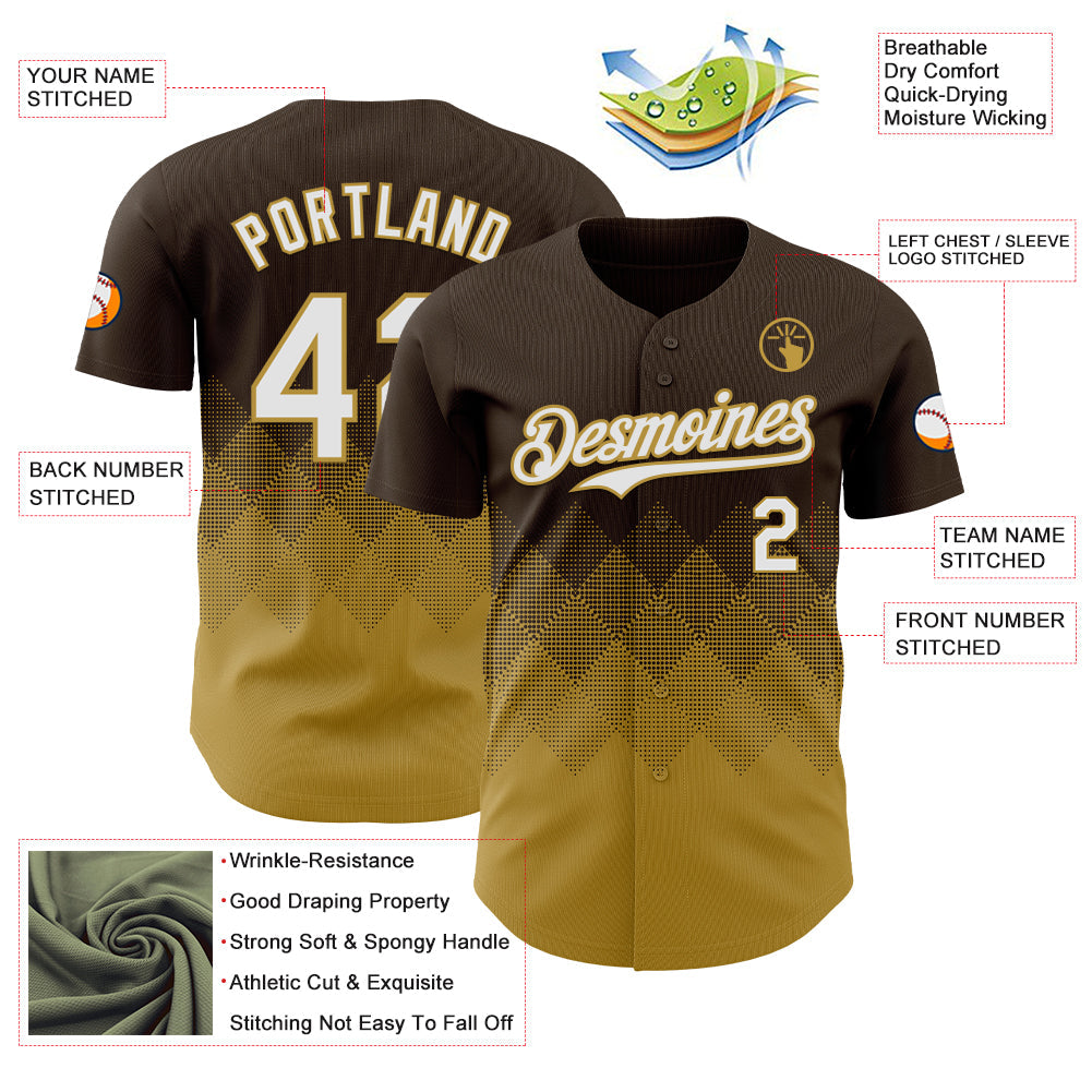 Custom Brown White-Old Gold 3D Gradient Square Shape Authentic Baseball Jersey