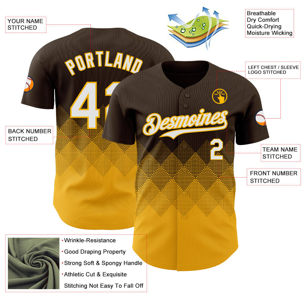 Custom Brown White-Gold 3D Gradient Square Shape Authentic Baseball Jersey