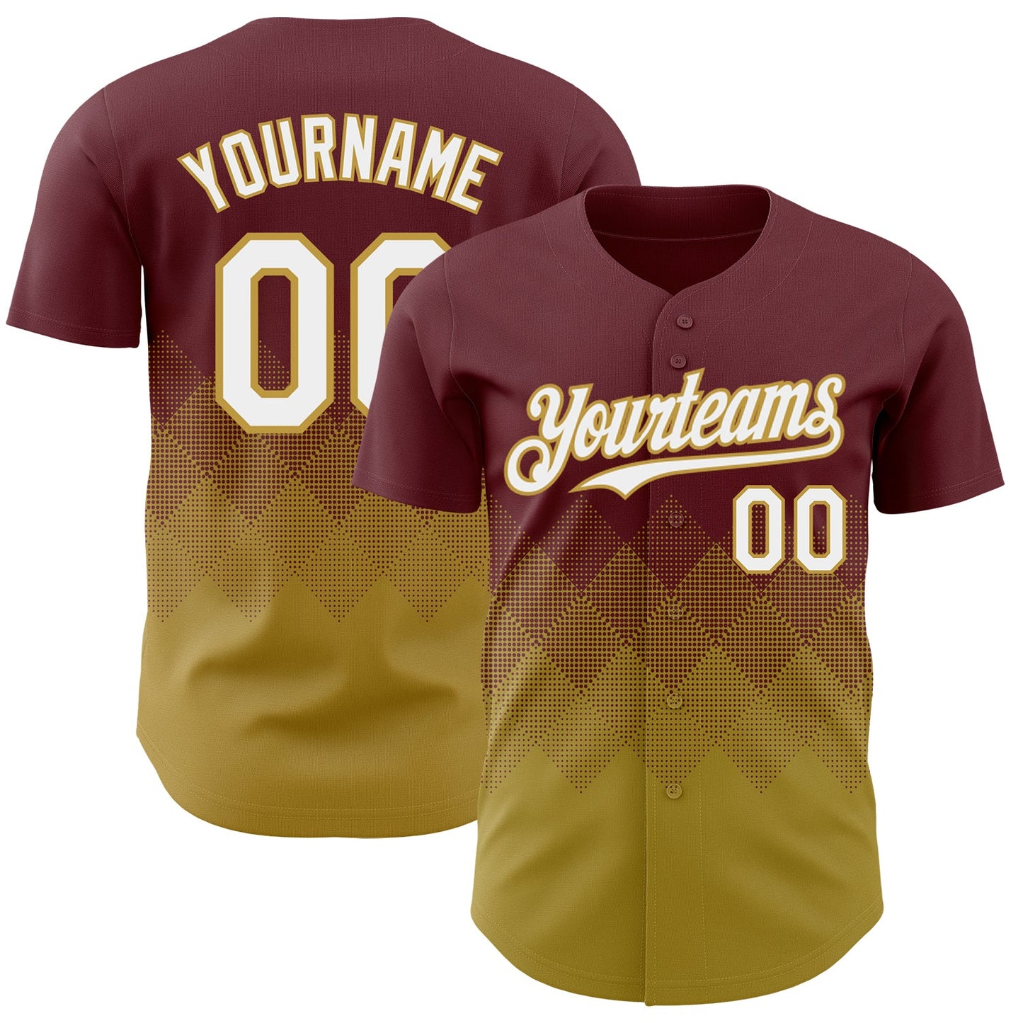 Custom Burgundy White-Old Gold 3D Gradient Square Shape Authentic Baseball Jersey