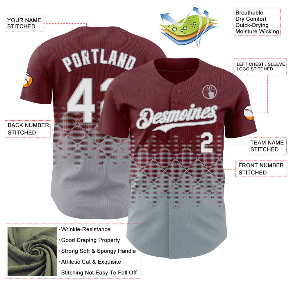 Custom Burgundy White-Gray 3D Gradient Square Shape Authentic Baseball Jersey