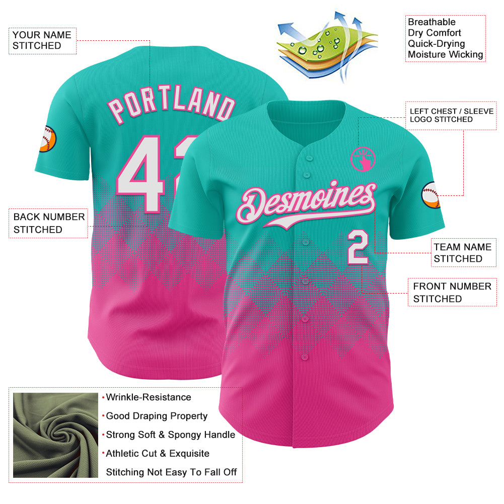 Custom Aqua White-Pink 3D Gradient Square Shape Authentic Baseball Jersey