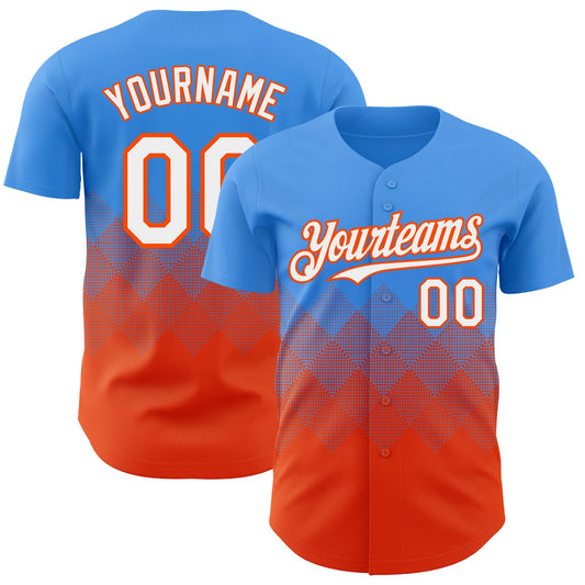 Custom Electric Blue White-Orange 3D Gradient Square Shape Authentic Baseball Jersey
