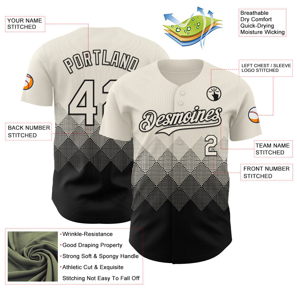 Custom Cream Black 3D Gradient Square Shape Authentic Baseball Jersey